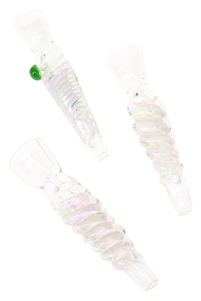 Clear 3.5-inch glass chillum with iridescent frit spiral, angled view showing hand-twisted body and green marble accent