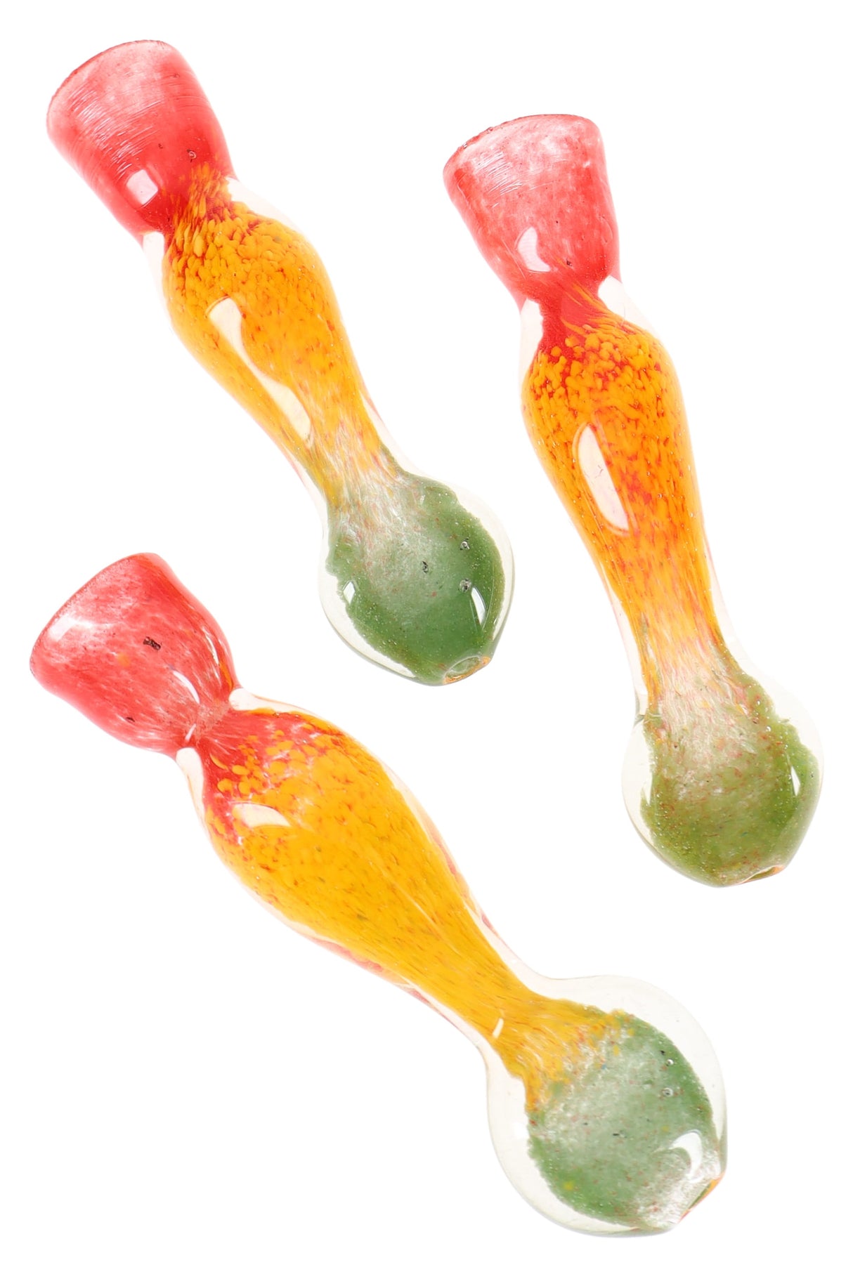 3.5-inch rasta frit glass chillum, angled overhead view, red mouthpiece fading to yellow then green bowl on white background