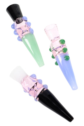 Neon swirl 4-inch glass chillum with thick borosilicate stem, featuring vibrant multicolor stripes and tapered mouthpiece against white background.