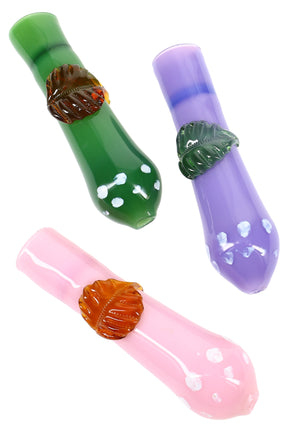 3.5-inch slime-green glass chillum with raised leaf emblem, thick straight stem, and rounded bowl, angled on white background