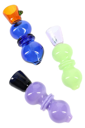 3-inch spherical glass chillum with clear double-bubble body, multicolor bowl, stacked grip rings, and neon anti-roll marble, angled on white background.