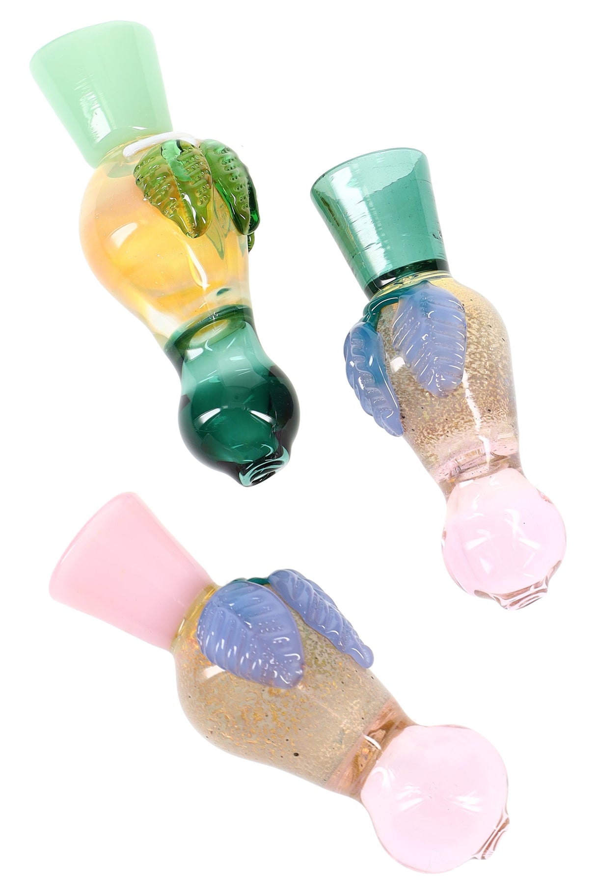 Silver-fumed 3-inch frit glass chillum showing subtle honey-to-blue color shift, thick straight stem, and textured grip ridges, photographed on white background.