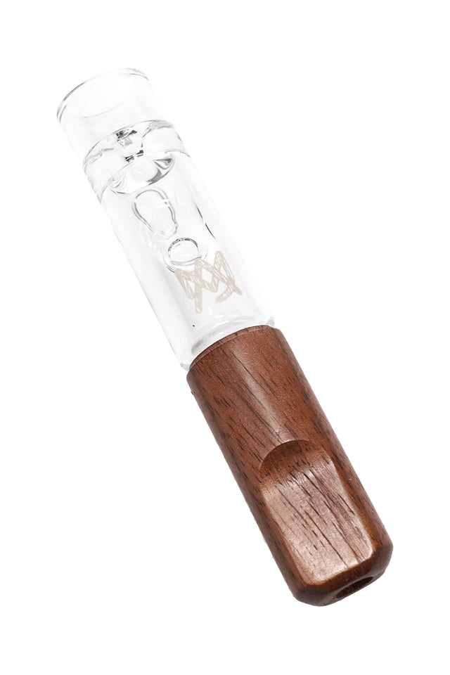 Clear borosilicate Ridge chillum with natural wood mouthpiece and thumb groove, compact one-hitter design from MJ Arsenal Alpine Collection.