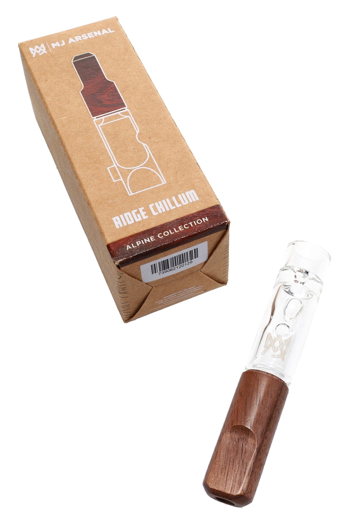 MJ Arsenal Ridge Chillum beside Alpine Collection box, clear glass taster with dark wood mouthpiece for dry herb.