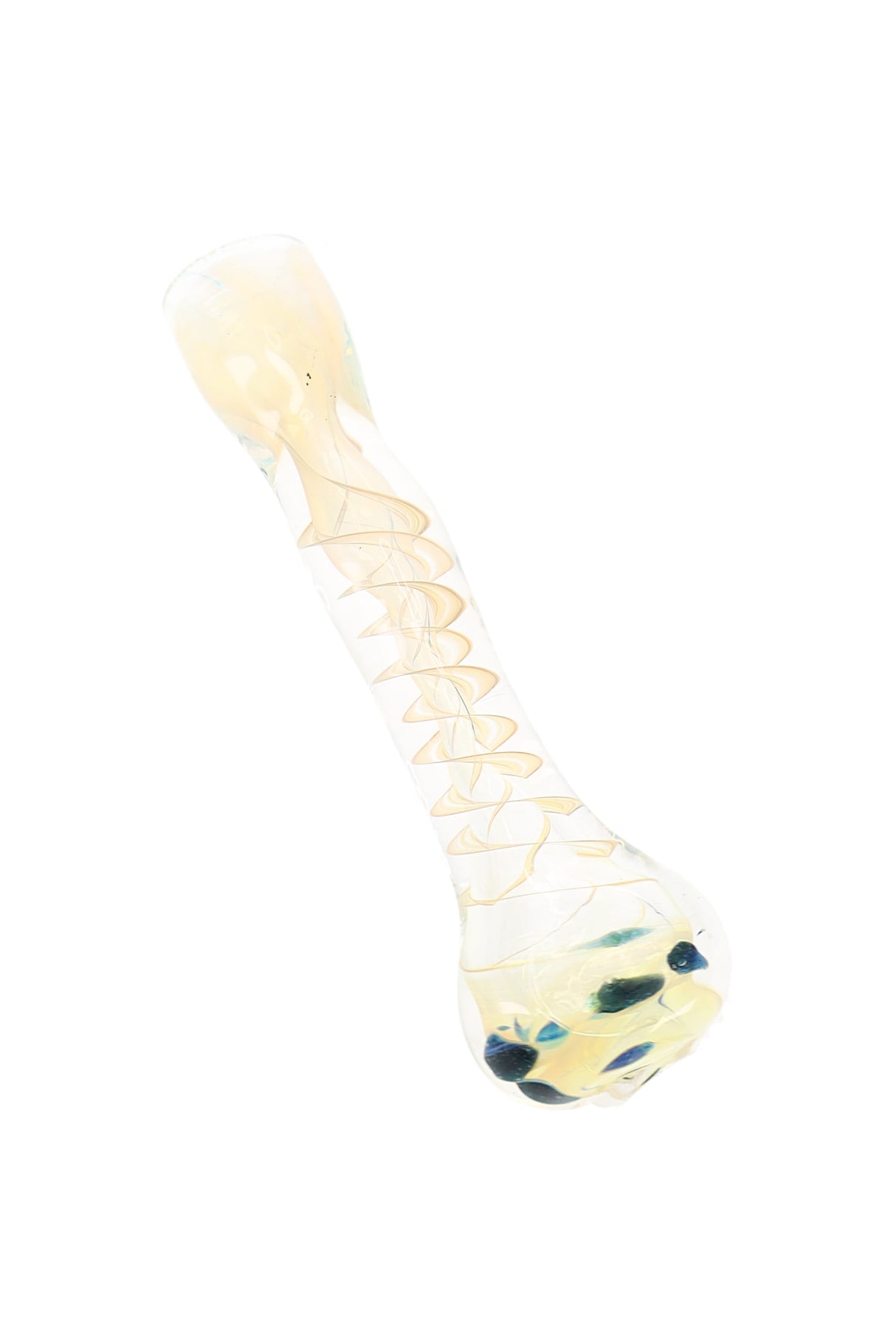 Close-up of 3″ glass chillum with colorful spiral striping, clear bowl end, and striped mouthpiece