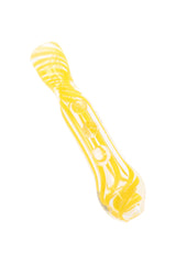 Close-up of 3″ clear glass chillum with bright spiral striping and colored marble side grips