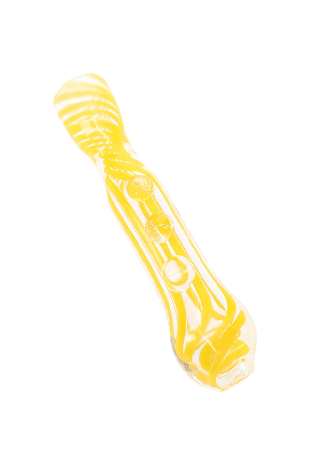 Close-up of 3″ clear glass chillum with bright spiral striping and colored marble side grips