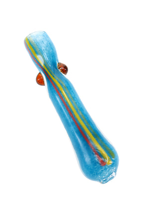Close-up of 3″ glass chillum with red, yellow, and green frit stripes plus colored marble details