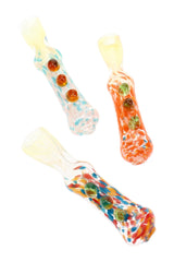 Three assorted 3″ glass chillums with confetti frit accents and raised marble grips in bright colors