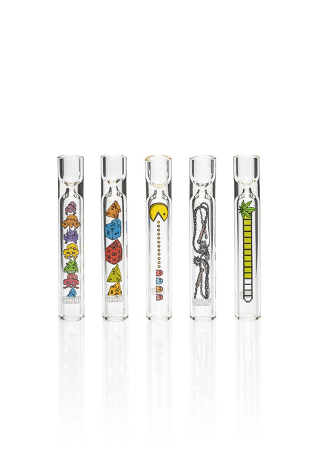 Five clear GRAV glass tasters with colorful game-themed graphics, including pixel characters, dice, and arcade designs.