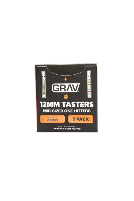 Front of the black and orange GRAV Games box labeled 12 mm Tasters, mid-sized one-hitters, and five-pack.
