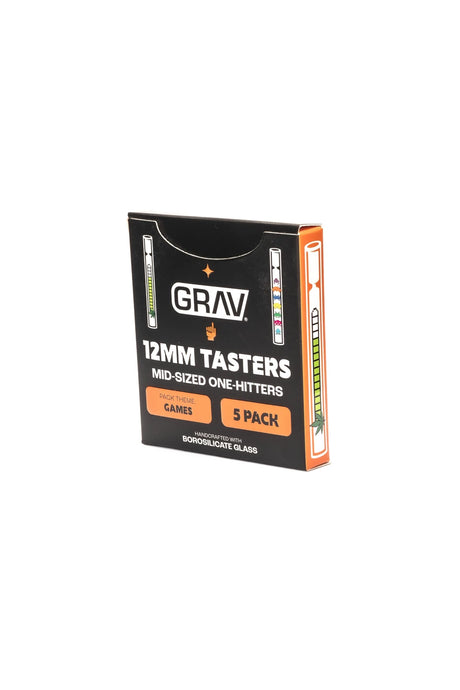 Angled view of the GRAV Games five-pack box showing the front label and orange illustrated side panel.