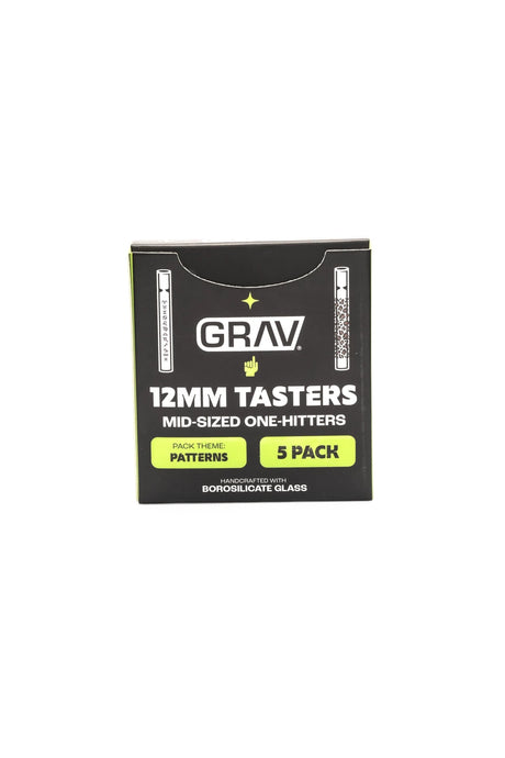 Black GRAV Patterns box with lime-green accents, labeled 12 mm Tasters, mid-sized one-hitters, and five-pack.