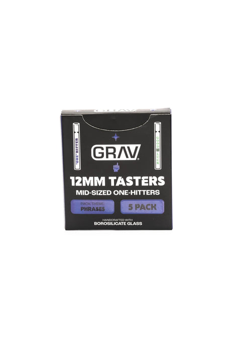 Black GRAV Phrases box with purple accents, labeled 12 mm Tasters, mid-sized one-hitters, and five-pack.