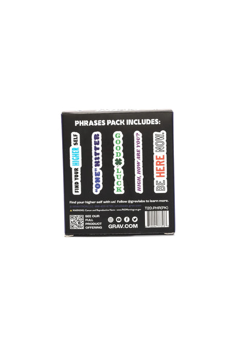 Back of the GRAV Phrases five-pack box showing five lettering designs, product information, and barcode.