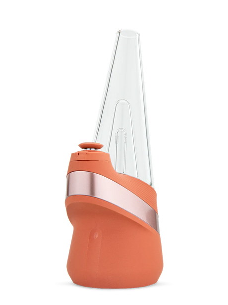 Puffco New Peak smart e-rig in limited Canyon orange with rose-metal band, clear conical glass top and joystick cap shown from front.