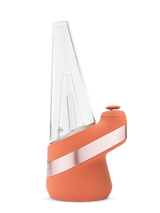 Side profile of Puffco New Peak Canyon e-rig highlighting angled glass cone, ribbed grip, and sleek metallic accent band on base.