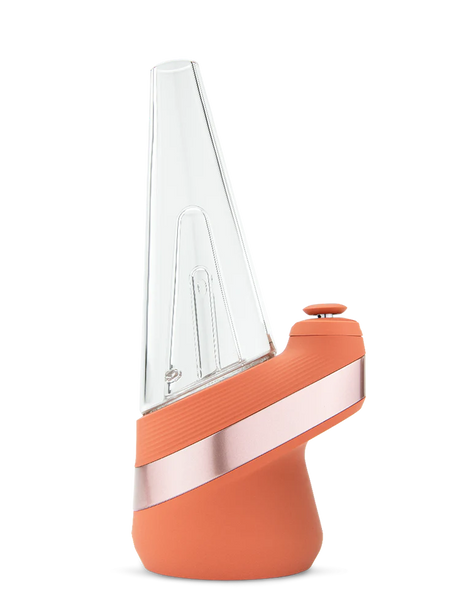 Side profile of Puffco New Peak Canyon e-rig highlighting angled glass cone, ribbed grip, and sleek metallic accent band on base.