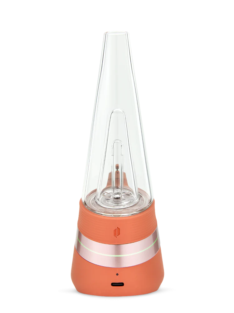 Rear view of Puffco New Peak Canyon with conical mouthpiece and compact ergonomic base in matte orange finish.
