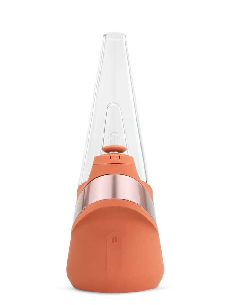 Front view of Puffco New Peak Canyon showing inner percolator, LED feedback ring, and USB-C charging port on the base.