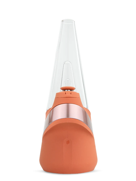 Front view of Puffco New Peak Canyon showing inner percolator, LED feedback ring, and USB-C charging port on the base.