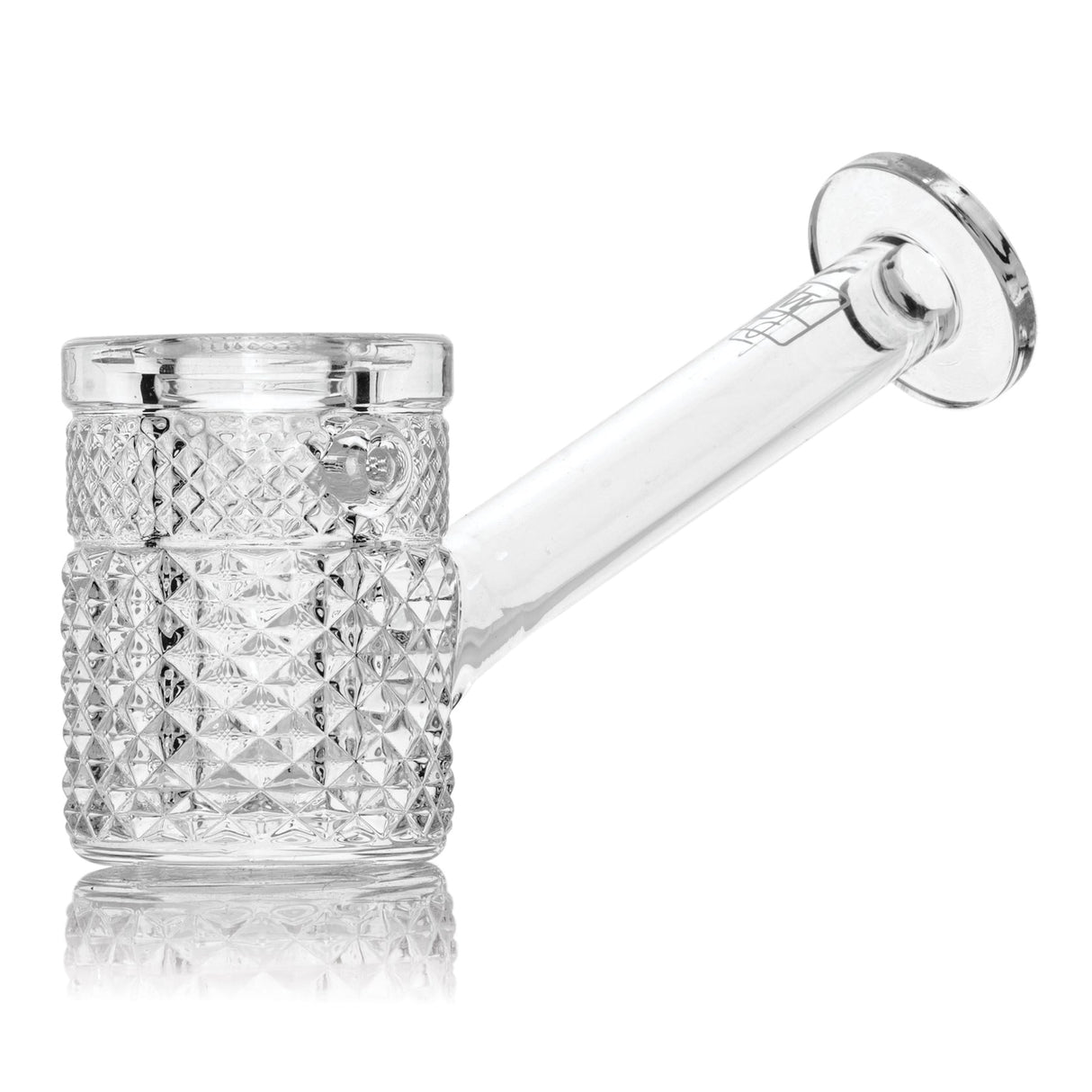 Clear Jane West glass hand pipe side view with raised texture, flat base, and disc mouthpiece