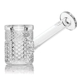 Clear Jane West glass hand pipe side view with raised texture, flat base, and disc mouthpiece