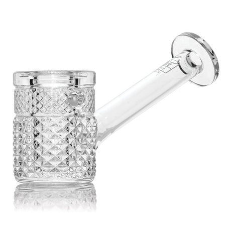 Clear Jane West glass hand pipe side view with raised texture, flat base, and disc mouthpiece