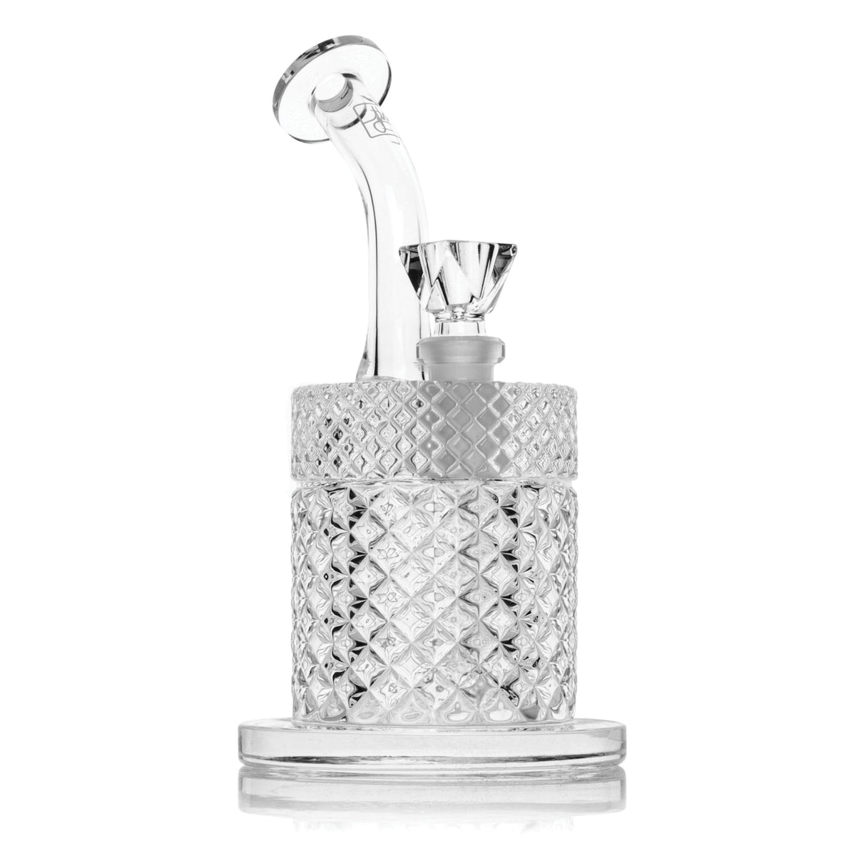 Clear Jane West water pipe front view with textured chamber, disc mouthpiece, and removable downstem