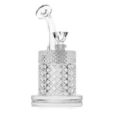 Clear Jane West water pipe front view with textured chamber, disc mouthpiece, and removable downstem