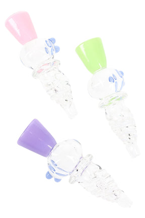 Clear twisted glass chillum one-hitter with neon pink, green, and purple bowls plus blue dot accents