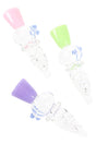 Clear twisted glass chillum one-hitter with neon pink, green, and purple bowls plus blue dot accents