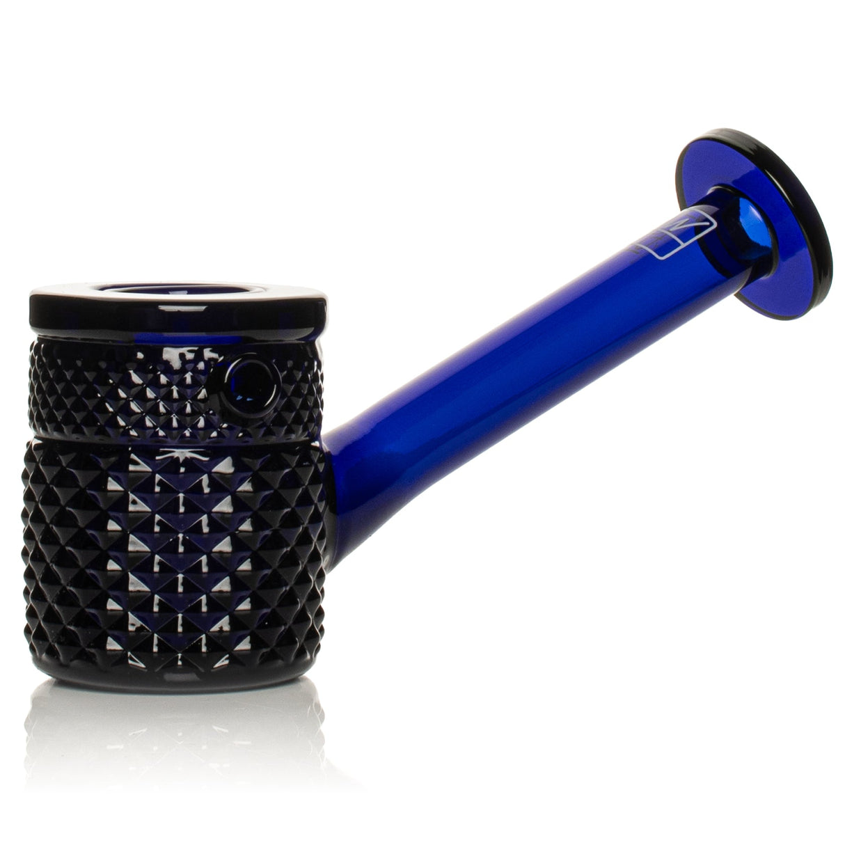 Cobalt Jane West hand pipe side view showing long clear stem, flat base, and blue bowl