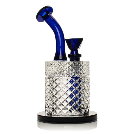 Cobalt Jane West glass water pipe front view with black base, blue bowl, and textured chamber