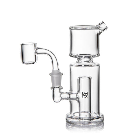 Compact clear dab rig with column-style body, bucket banger, and scientific glass profile from MJ Arsenal