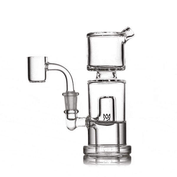 Rotating side view of clear mini dab rig with column chamber, angled neck, and 10 mm quartz banger attached