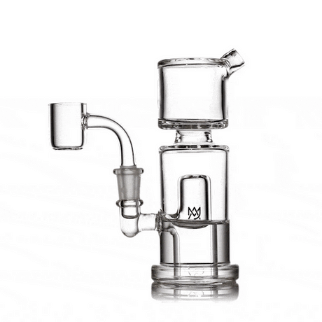Rotating side view of clear mini dab rig with column chamber, angled neck, and 10 mm quartz banger attached