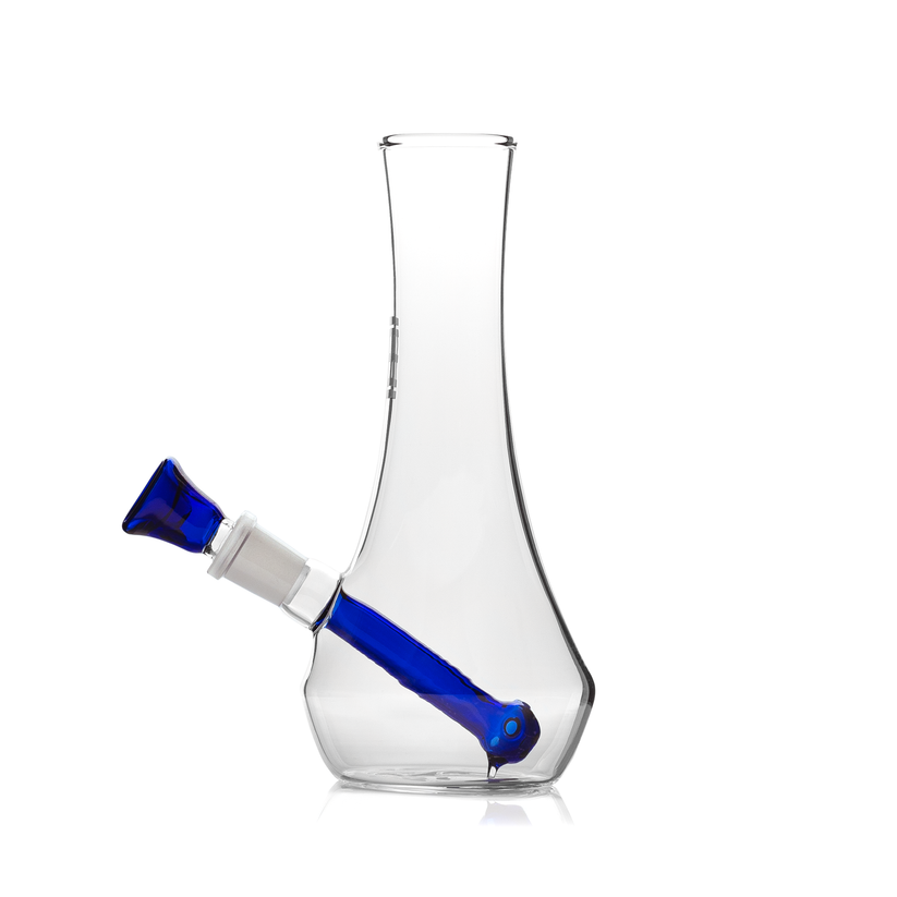 Side profile of Hemper 7-inch vase glass bong with long cobalt blue downstem and straight neck rising from flat, stable base.