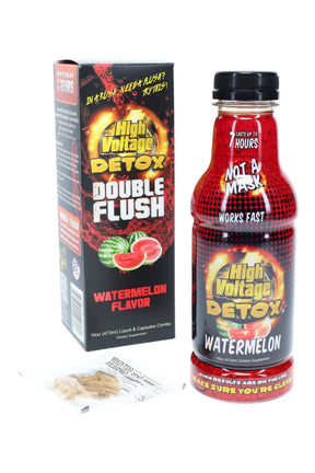 High Voltage Double Flush detox kit with 16 oz Watermelon drink, capsule pack, and retail box noting effects up to 12 hours.