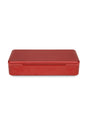 Closed Puffco Daybreak Travel Case in ridged red aluminum, compact rectangular profile photographed on white background.