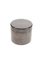 Closed silver metal herb grinder with textured grip bands and small 1.5 inch pocket-size design