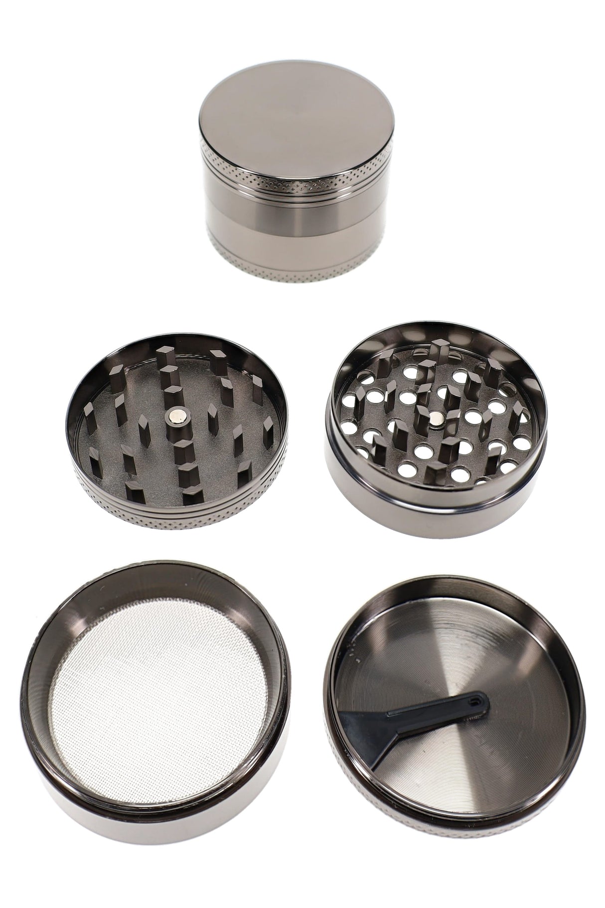Open 4-part metal herb grinder with teeth, screen chamber, scraper, and 2 inch silver body