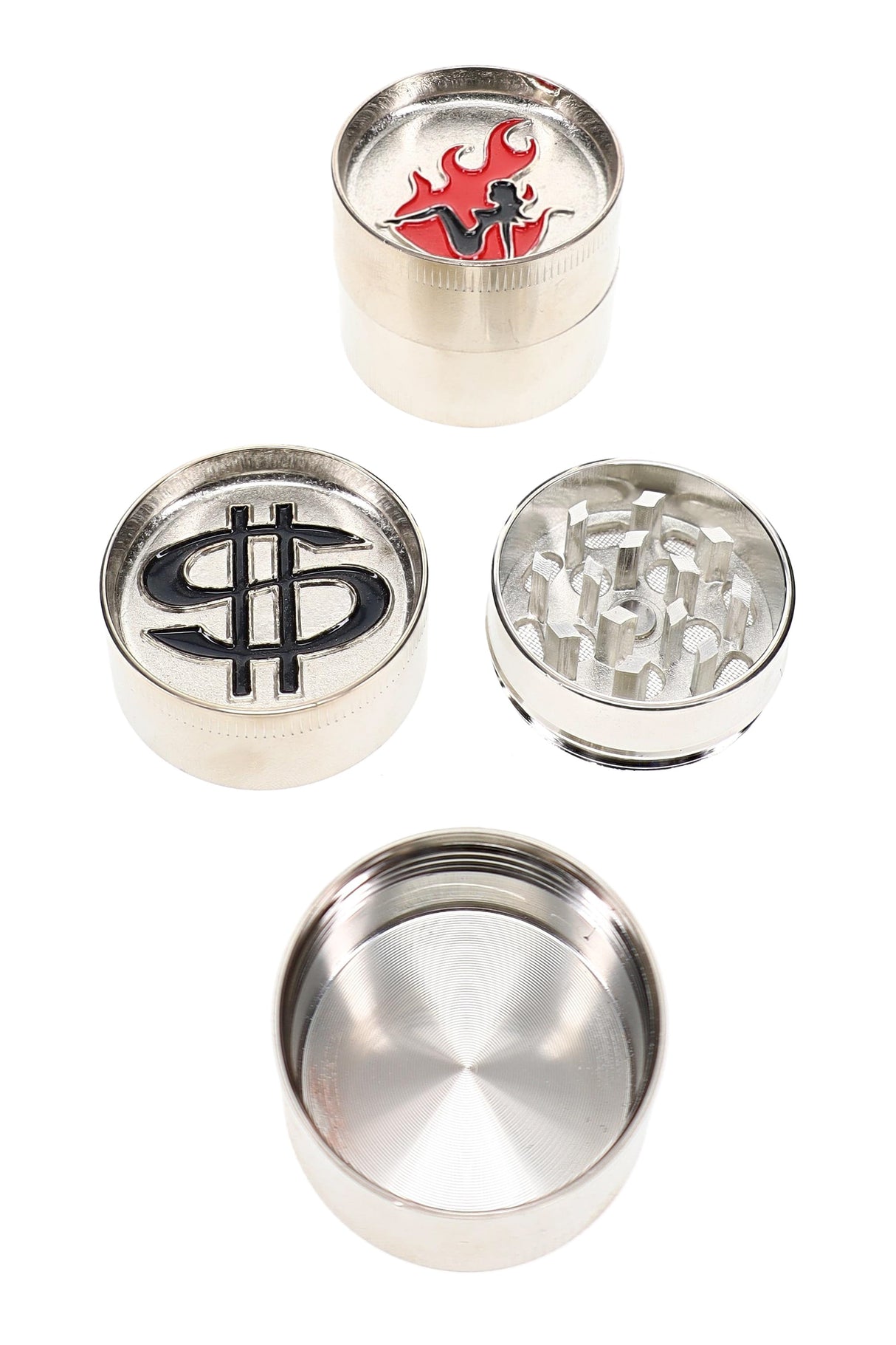 Assorted 1½″ metal herb grinder design variation with compact pocket-size accessory shape