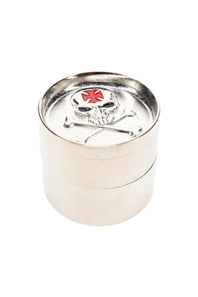 Closed 1½″ 3-part metal herb grinder with assorted decorative exterior design and compact round body