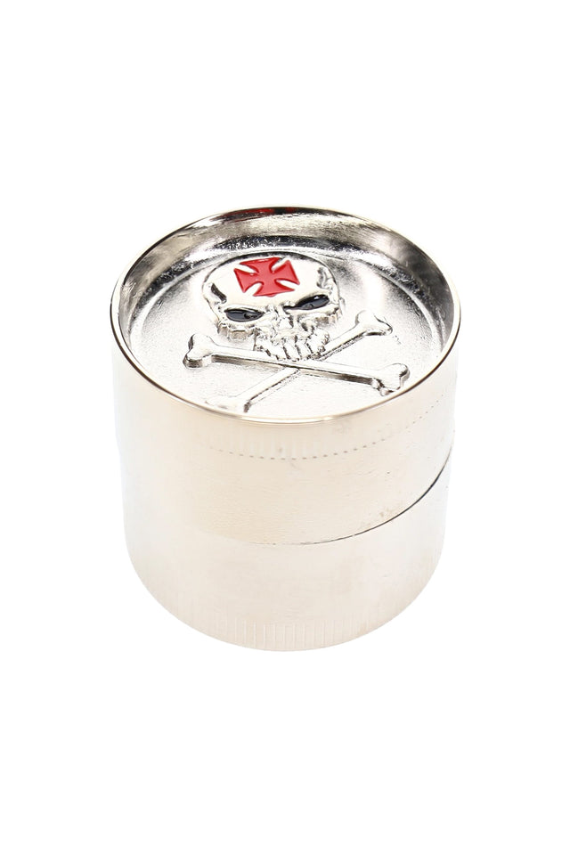 Closed 1½″ 3-part metal herb grinder with assorted decorative exterior design and compact round body