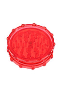 Red acrylic 2-piece magnetic herb grinder with raised peg teeth and knurled rim for easy twist.