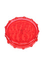 Red acrylic 2-piece magnetic herb grinder with raised peg teeth and knurled rim for easy twist.