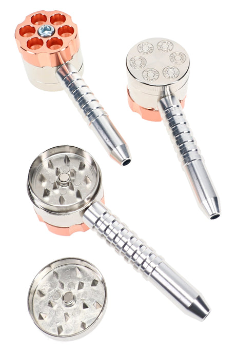 Three views of bullet 3-part metal grinder pipe with copper top and silver screw-on pipe attachment