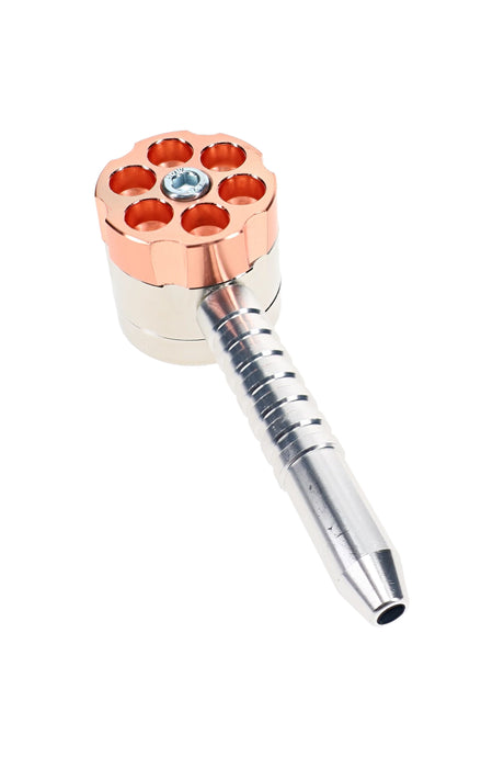 Copper and silver bullet grinder pipe with revolver-style top, metal screen, and screw-on pipe stem