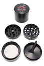 Black Ninja Glass 4-piece 40 mm herb grinder with kief screen and scraper, shown disassembled on a white background.
